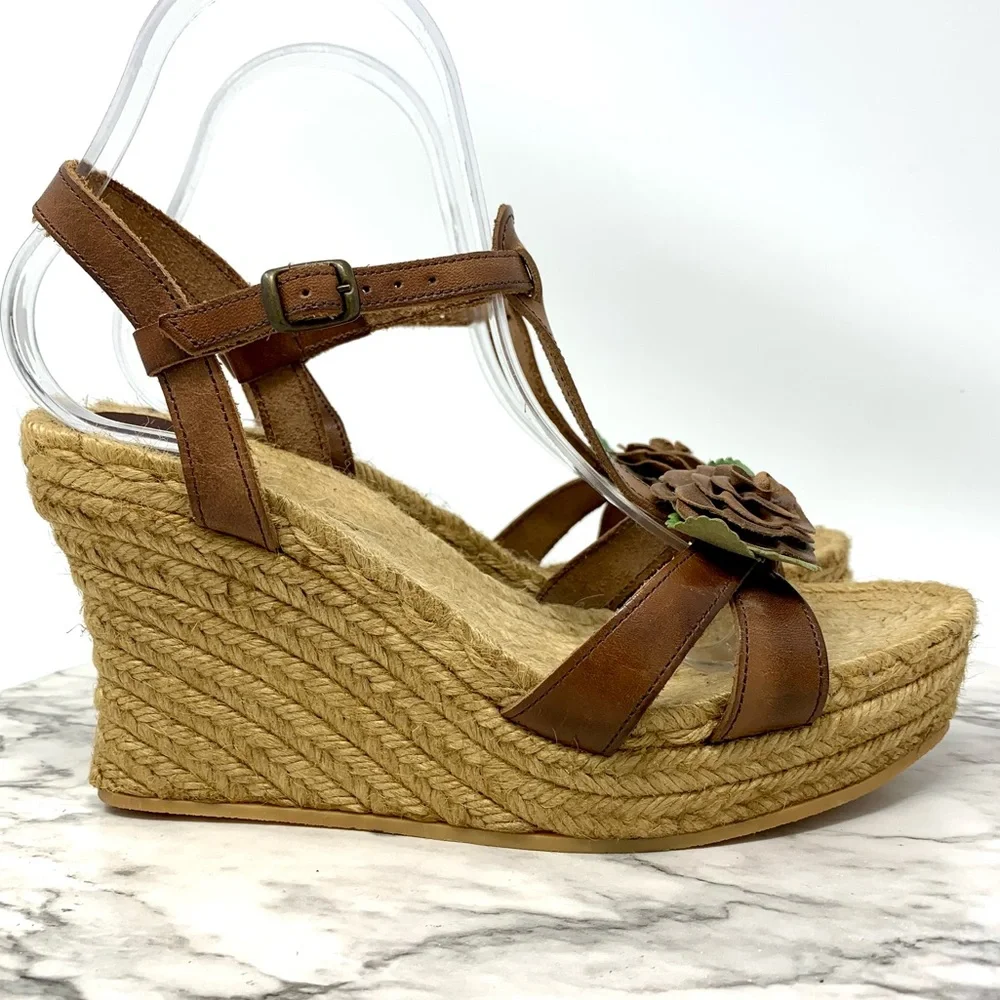 Andrea Assous Brown Leather Flower T-Strap Espadrille Wedges 9 Cottagecore